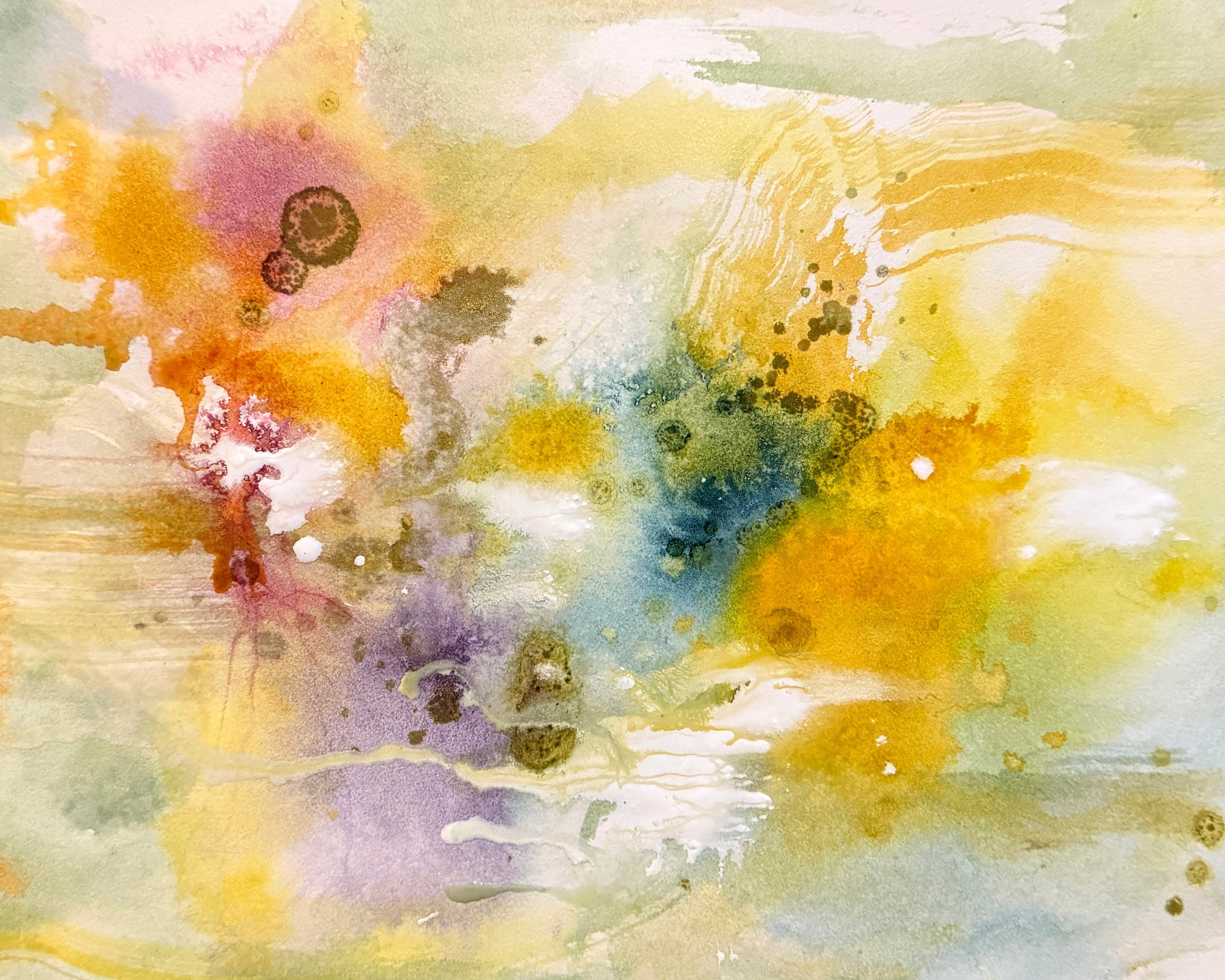 Abstract watercolor painting with a mix of yellow, blue, purple, and white.
